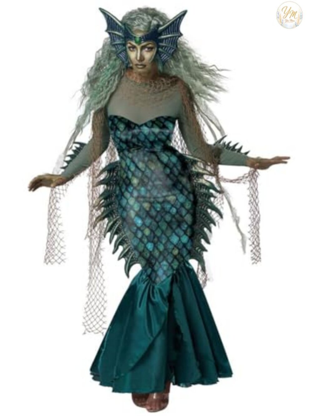 Dark Sea Siren Women's Costume Dress with Headpiece and Drapes